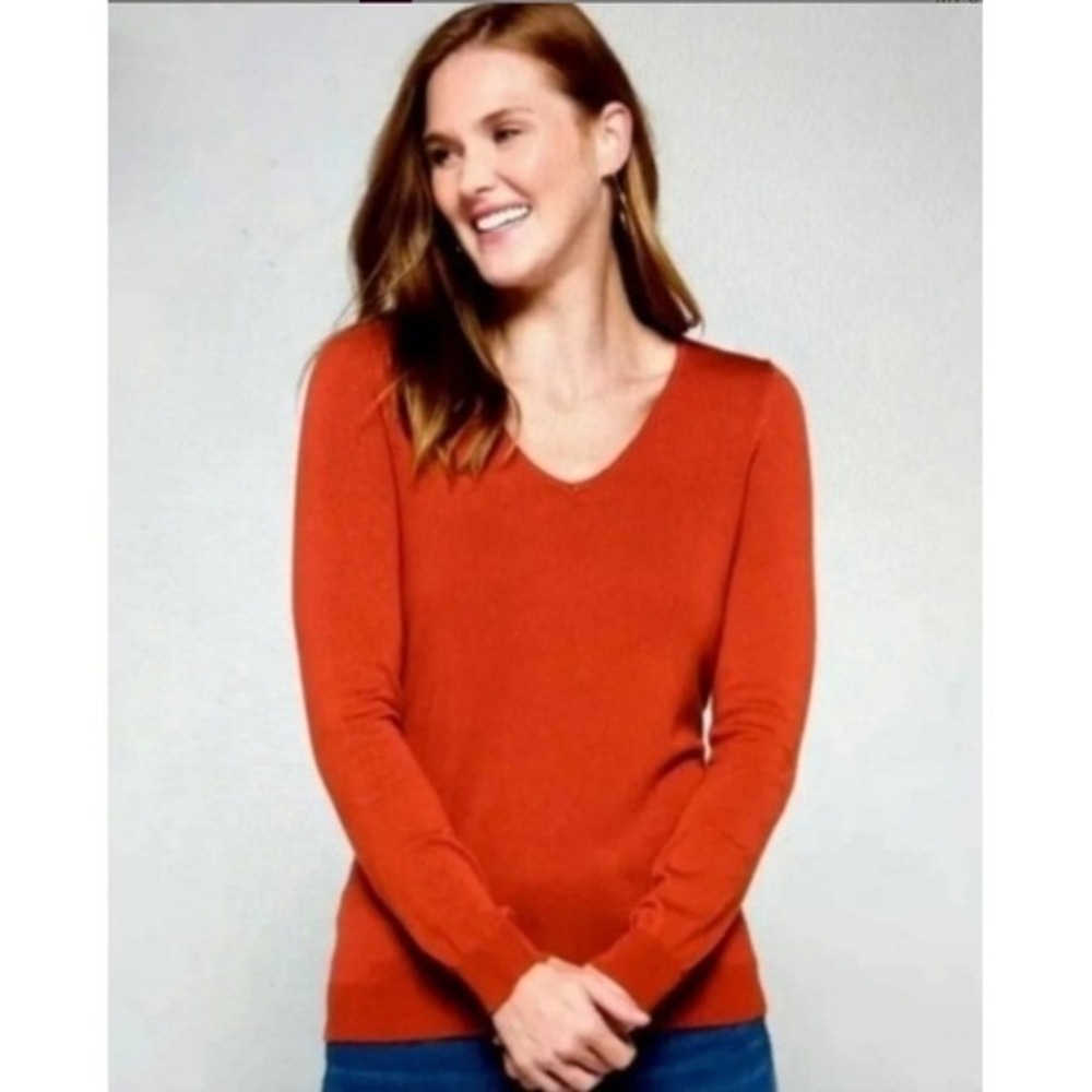 Love Ellie Criss Cross Back V-Neck Dark Orange Coral Sweater Knit Lightweight XS